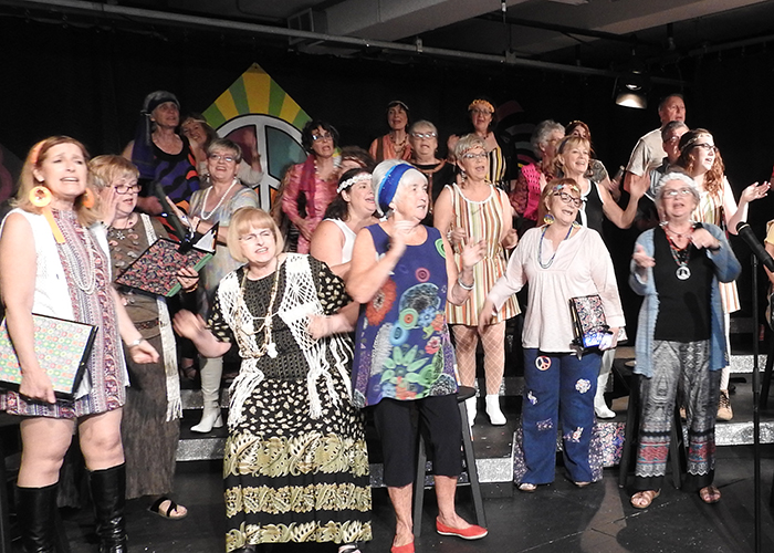 Theatre Ancaster Chorus performing on stage wearing costumes from the 1960s